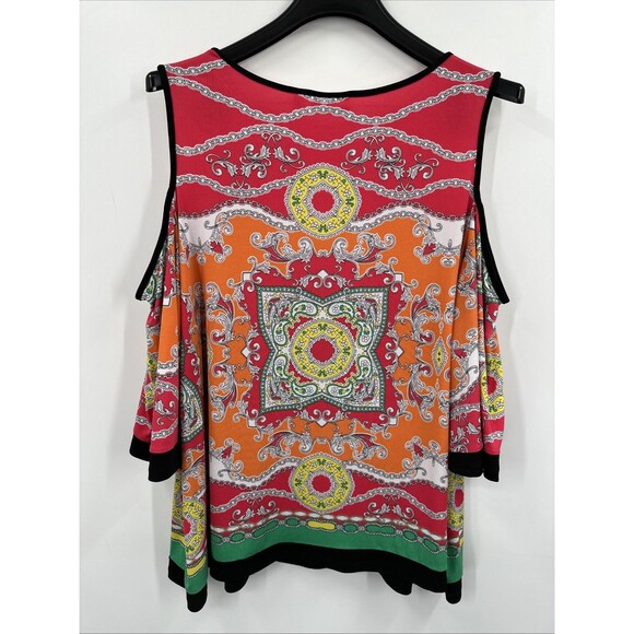 Susan Graver 3X Liquid Knit Top Red Orange Printed Cold Shoulder Casual BOHO - Picture 3 of 9